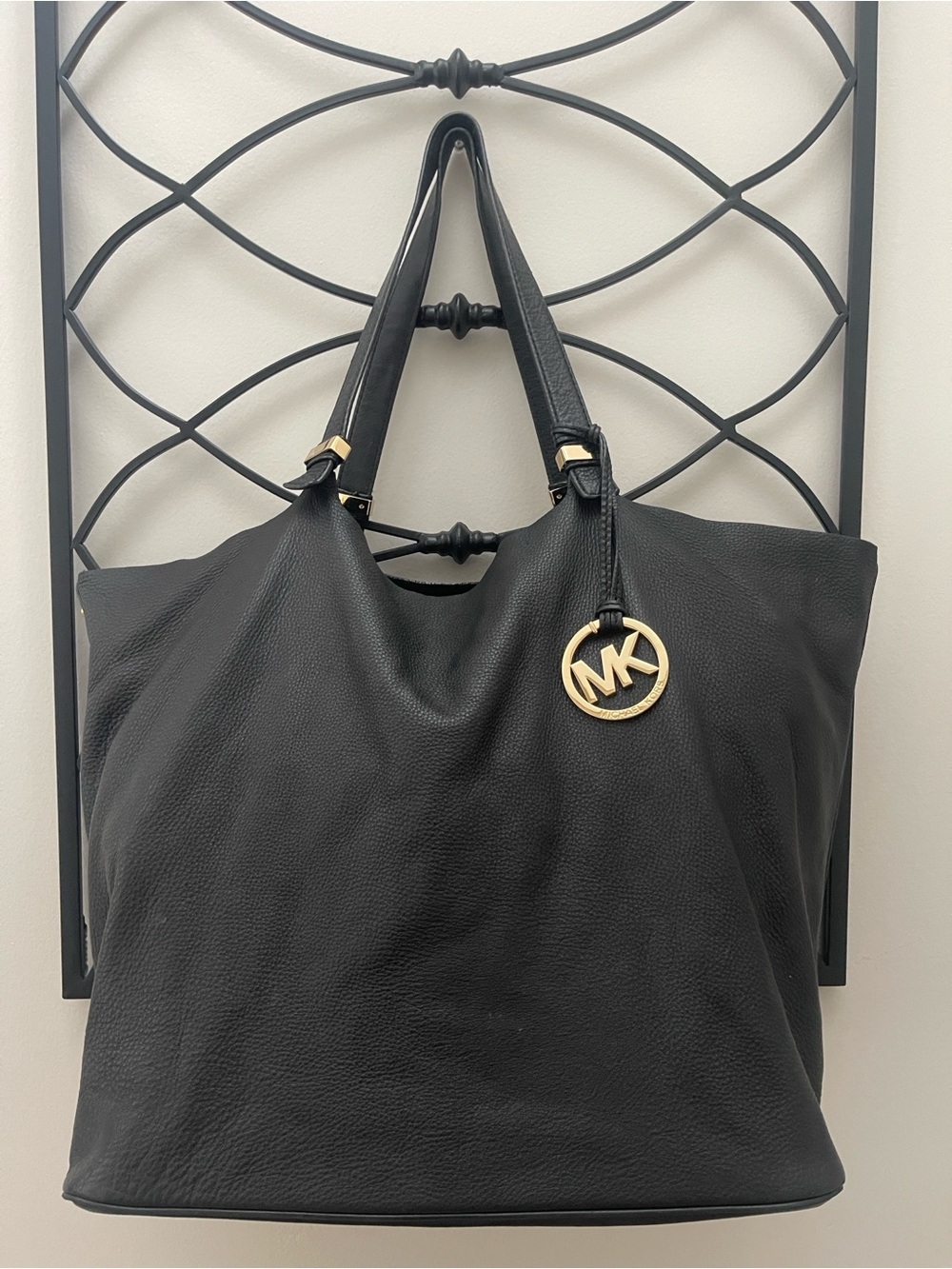 Michael Kors Black Leather Shoulder Bag with Gold MK Pendant
